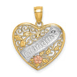 Grandma Word With Rose And Flower Vines On Heart Shaped Charm Pendant in Real 10k Multi-Tone Gold