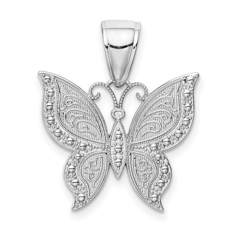 10k White Gold Butterfly Pendant with Filigree Detailing and Bead Accents