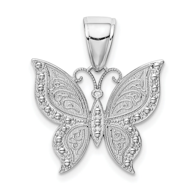 10k White Gold Butterfly Pendant with Filigree Detailing and Bead Accents