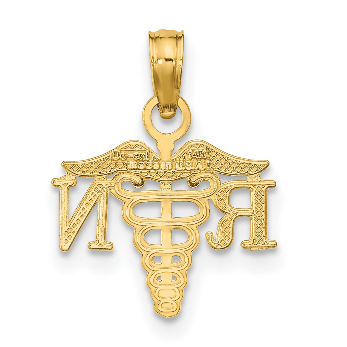10k Yellow Gold RN Caduceus Pendant with Medical Symbol, Nursing Charm for Women or Unisex Wear