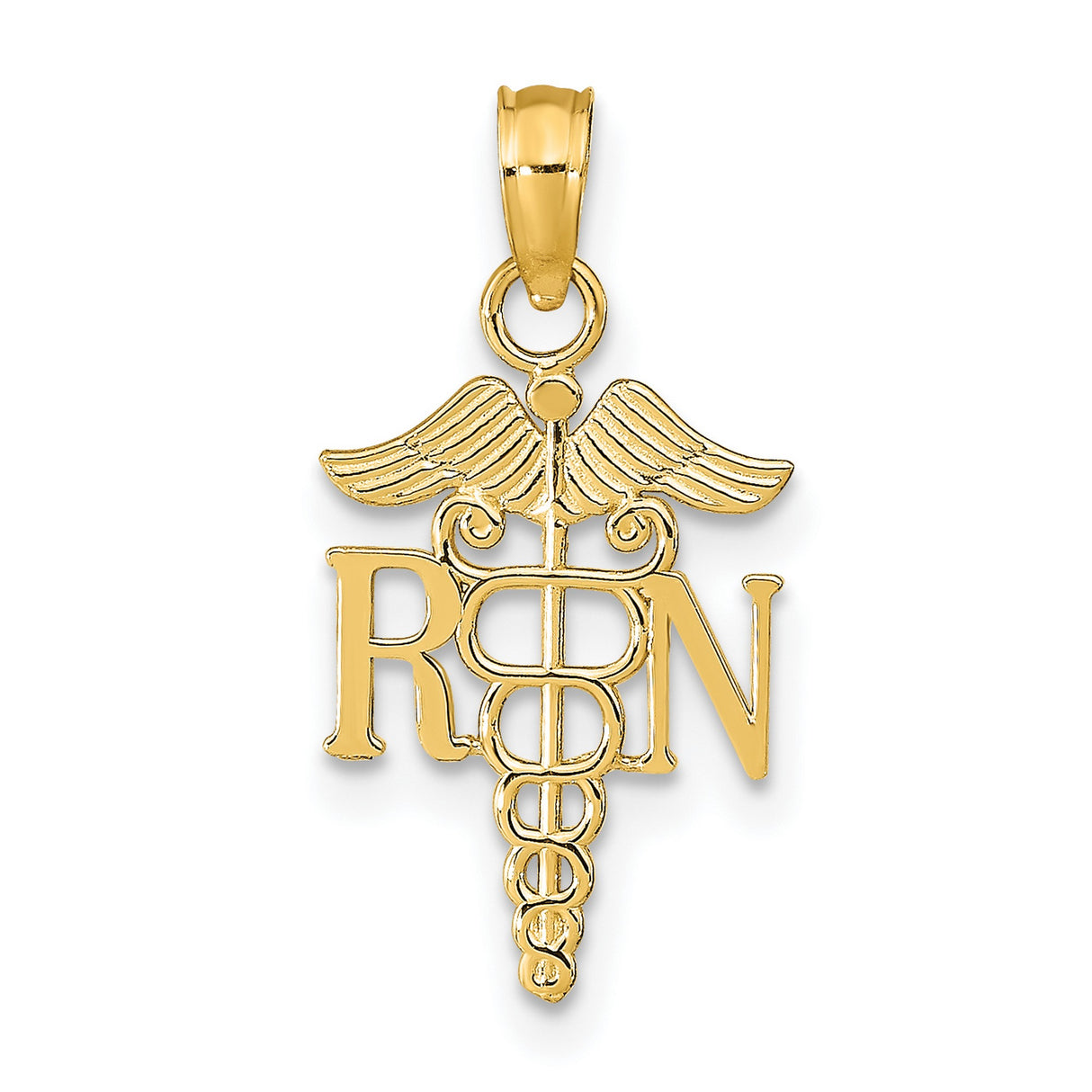 10k Yellow Gold RN Caduceus Pendant, Registered Nurse Symbol Charm for Women or Unisex Wear