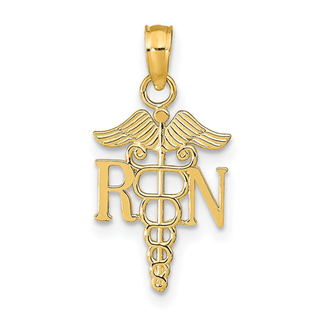 10k Yellow Gold RN Caduceus Pendant, Registered Nurse Symbol Charm for Women or Unisex Wear