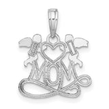 10k White Gold Pendant with Two Cherubs Holding Heart Above Script Mom, Angel Motif