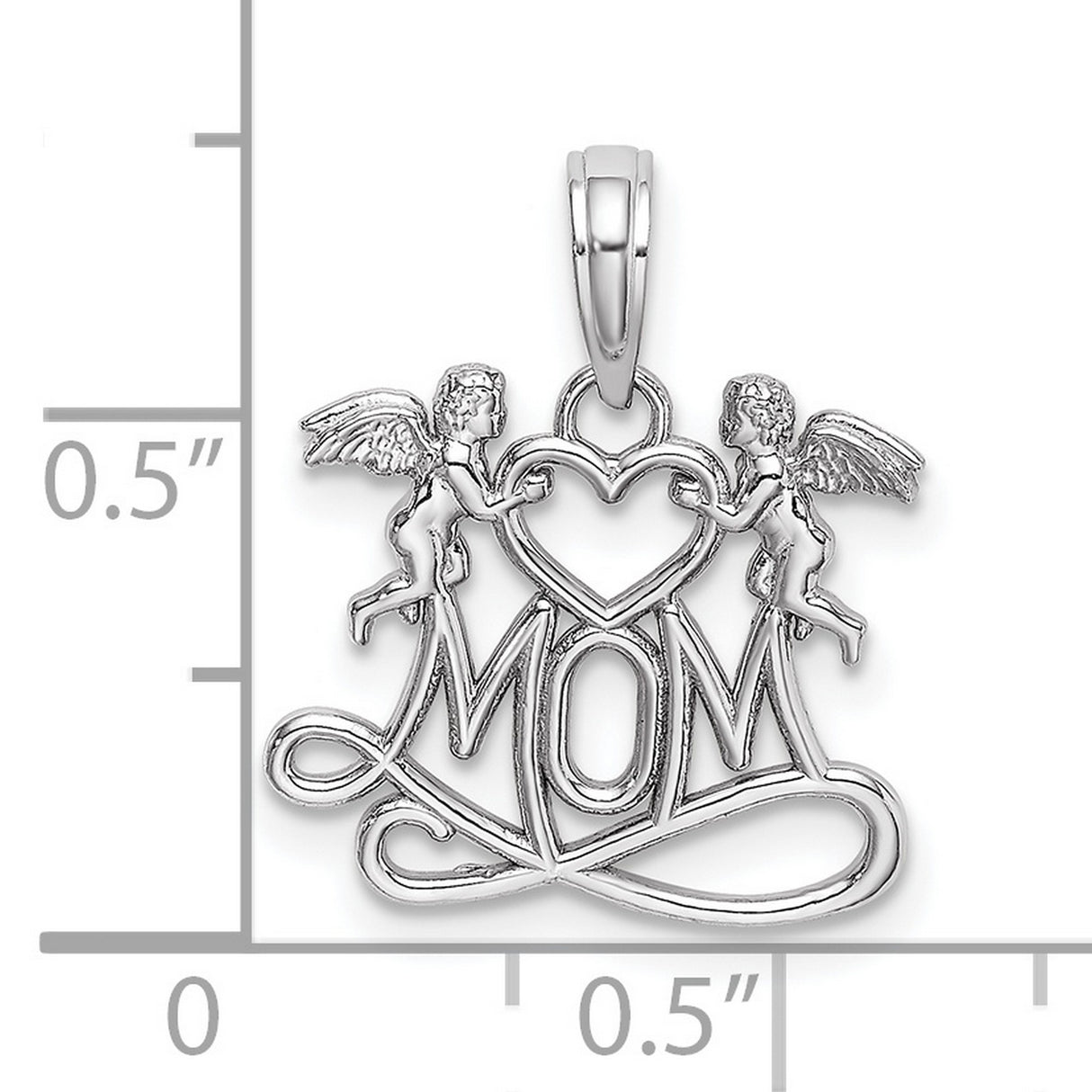 10k White Gold Pendant with Two Cherubs Holding Heart Above Script Mom, Angel Motif
