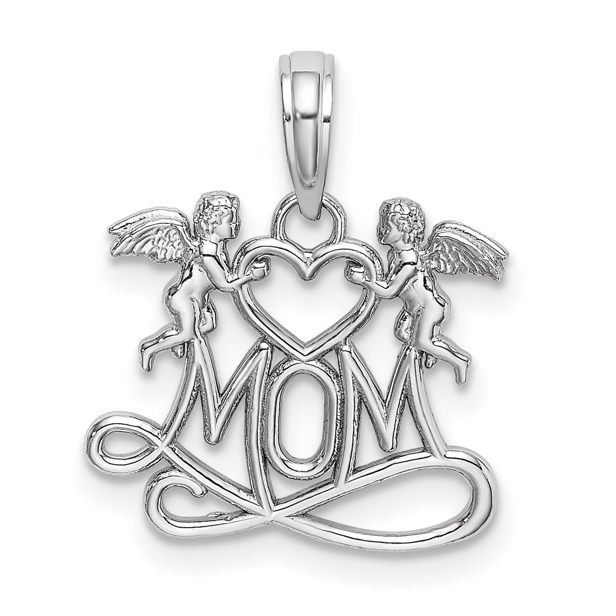 10k White Gold Pendant with Two Cherubs Holding Heart Above Script Mom, Angel Motif