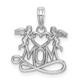 10k White Gold Pendant with Two Cherubs Holding Heart Above Script Mom, Angel Motif