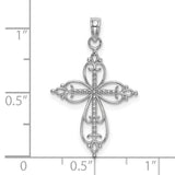 10k White Gold Cross Pendant with Filigree Heart Scroll and Fleur-de-Lis Design