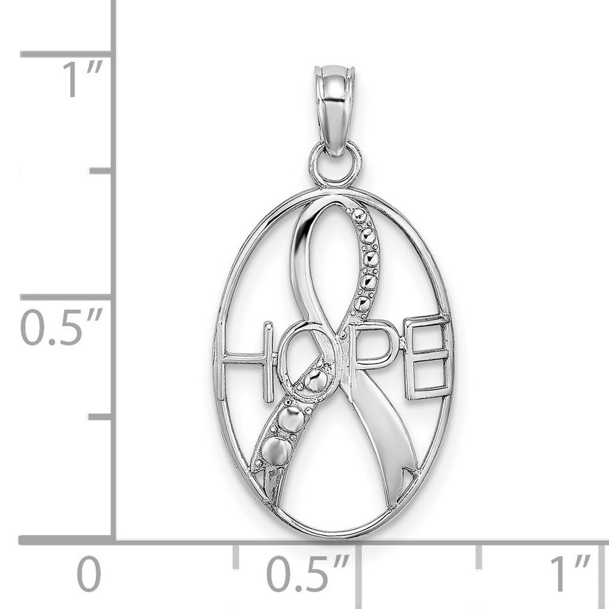 10k White Gold Oval Pendant with Ribbon and HOPE Inscription, Cancer Awareness Jewelry