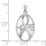10k White Gold Oval Pendant with Ribbon and HOPE Inscription, Cancer Awareness Jewelry