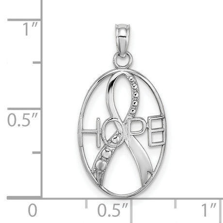 10k White Gold Oval Pendant with Ribbon and HOPE Inscription, Cancer Awareness Jewelry
