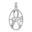 10k White Gold Oval Pendant with Ribbon and HOPE Inscription, Cancer Awareness Jewelry