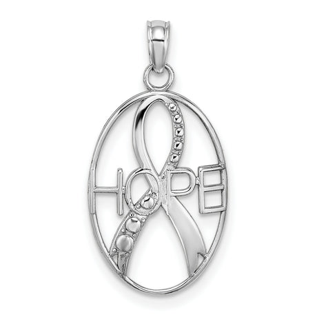 10k White Gold Oval Pendant with Ribbon and HOPE Inscription, Cancer Awareness Jewelry