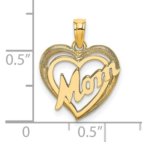 10k Yellow Gold Heart Pendant with Script Mom Lettering, Sentimental Jewelry for Women