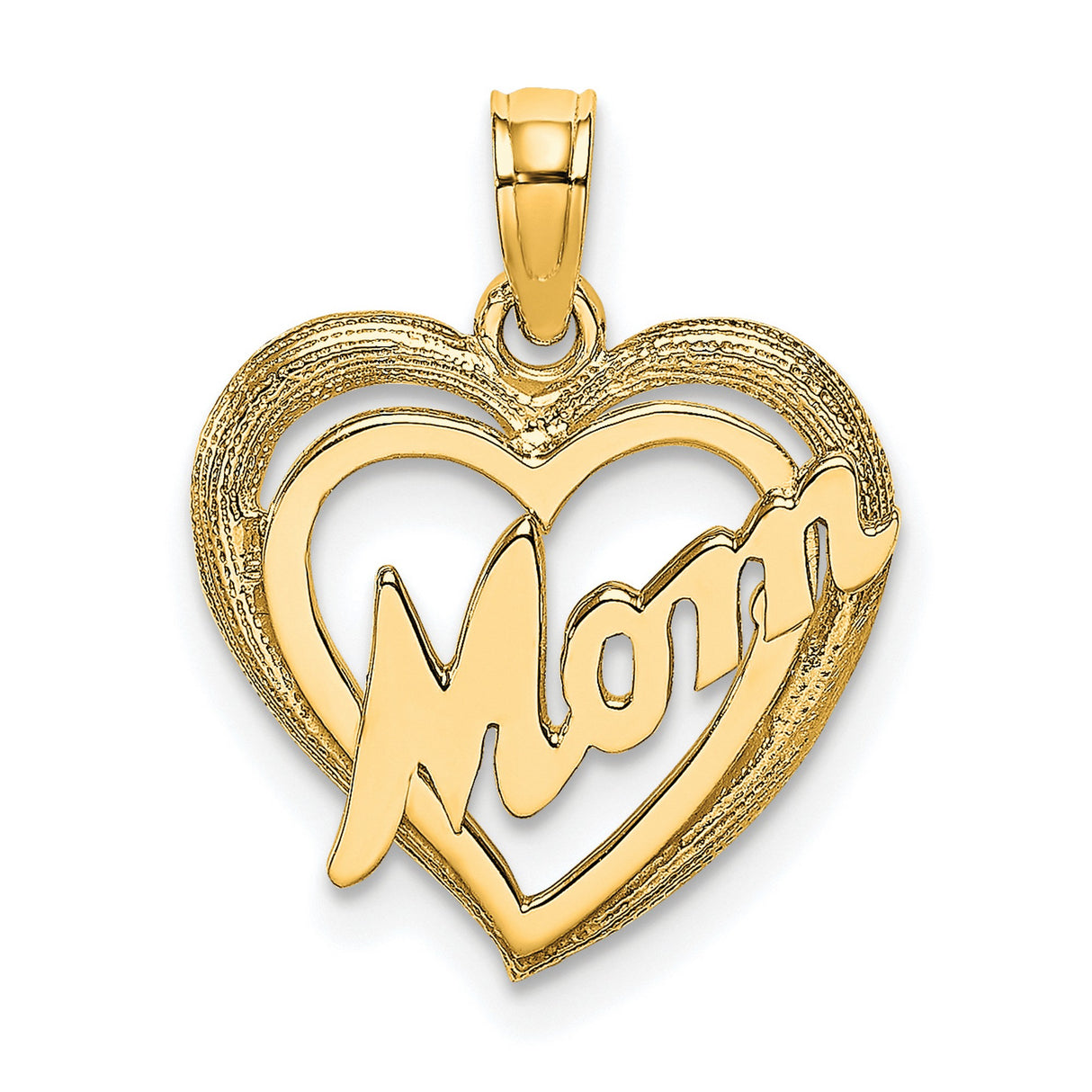 10k Yellow Gold Heart Pendant with Script Mom Lettering, Sentimental Jewelry for Women