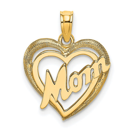 10k Yellow Gold Heart Pendant with Script Mom Lettering, Sentimental Jewelry for Women