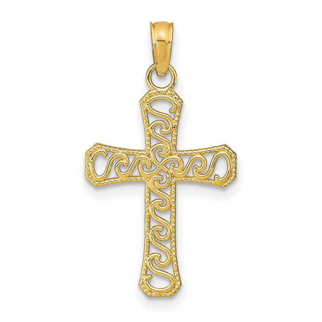 10k Yellow Gold Cross Pendant with Filigree Design, Beaded Border, Polished Finish, Vintage Style