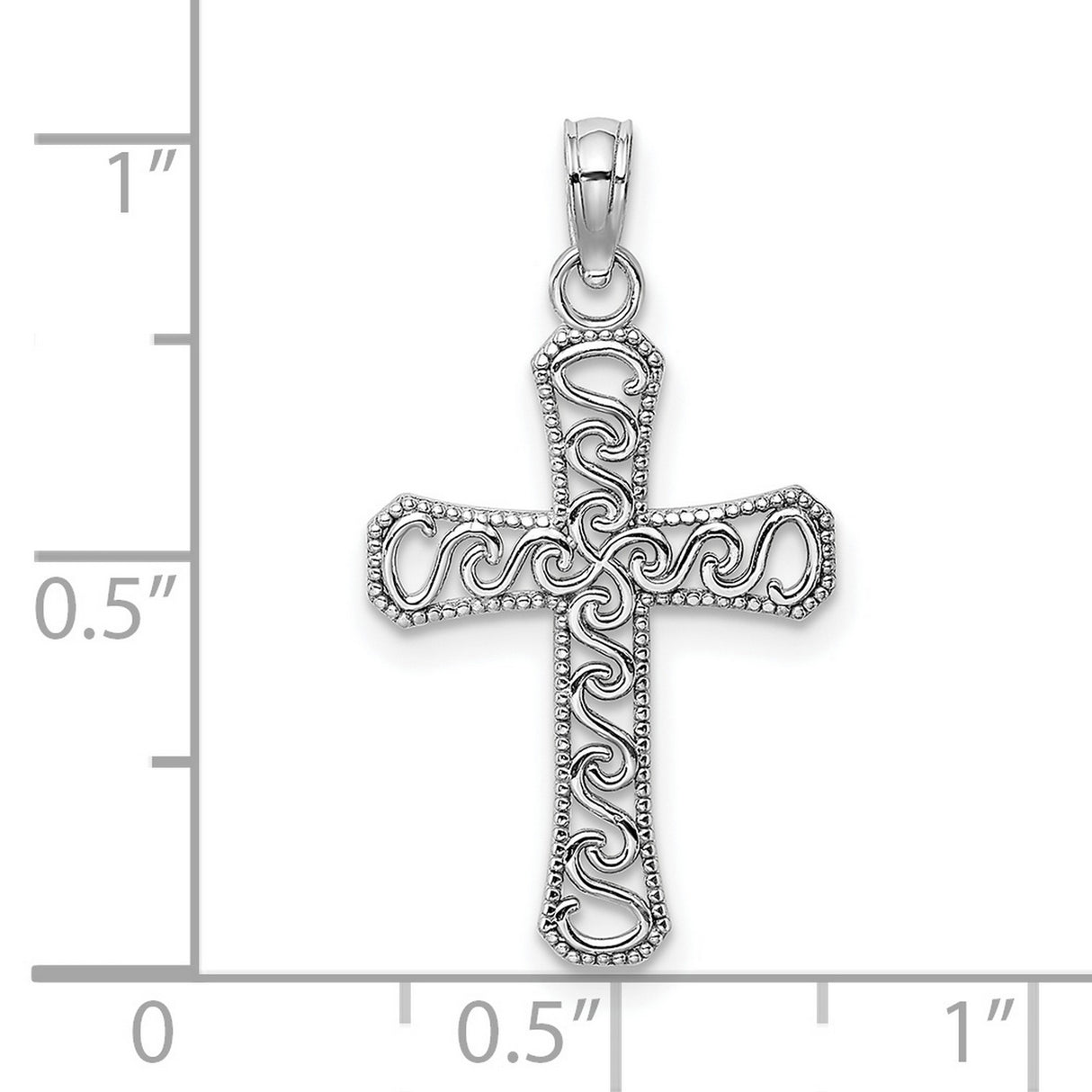 10k White Gold Cross Pendant with Filigree Swirl Design and Polished Finish