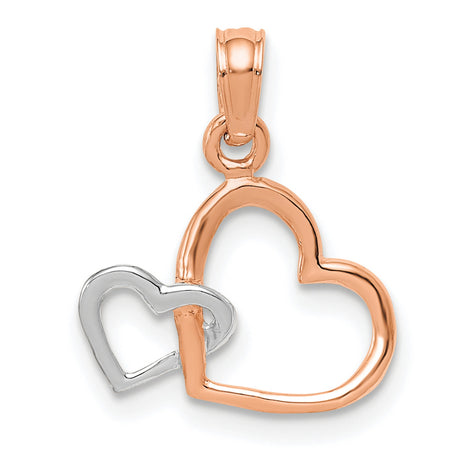 10k Two-Tone Gold Heart Pendant, Interlocking Rose and White Gold Open Hearts Charm
