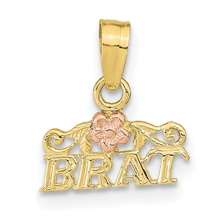 10k Two-Tone Gold Brat Pendant with Rose Accent and Scrollwork Design