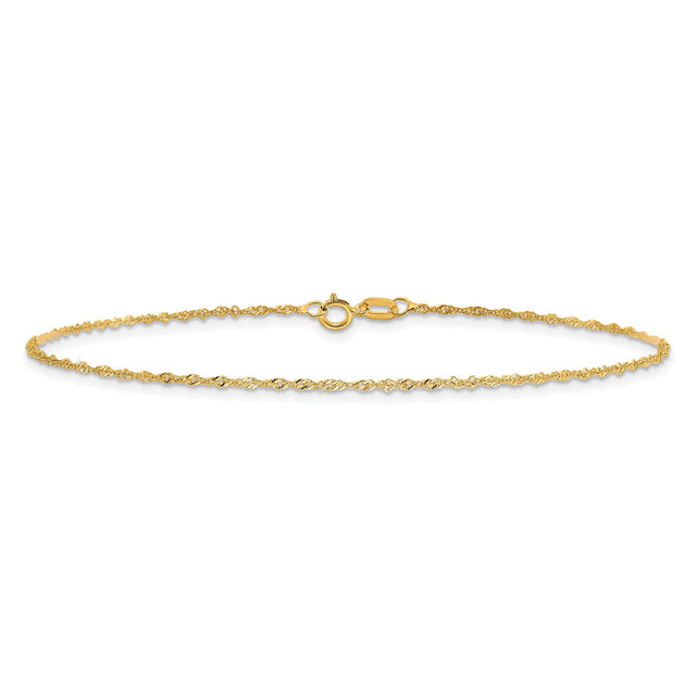 10K Yellow Gold 1.1 mm Singapore Chain Anklet, Polished