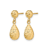 10k Yellow Gold Teardrop Dangle Earrings with Diamond Cut Texture and Hammered Finish