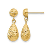 10k Yellow Gold Teardrop Dangle Earrings with Diamond Cut Texture and Hammered Finish