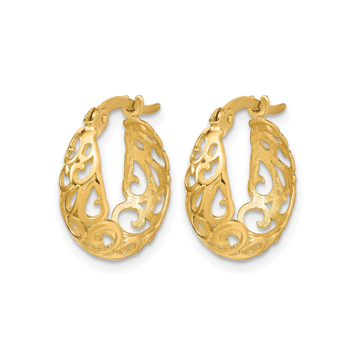 10k Yellow Gold Hoop Earrings with Openwork Filigree Swirl Design, Lightweight Vintage Style