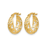 10k Yellow Gold Hoop Earrings with Openwork Filigree Swirl Design, Lightweight Vintage Style