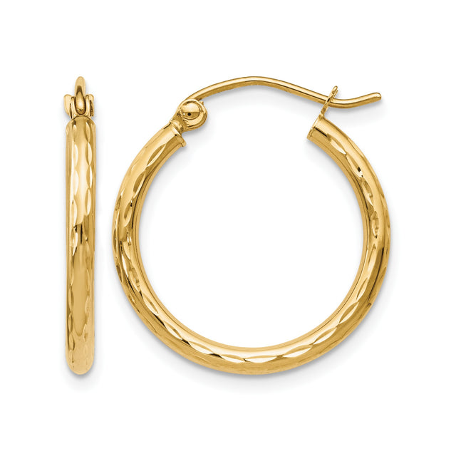 10k Yellow Gold Hoop Earrings with Polished Hammered Finish, Classic Round Design