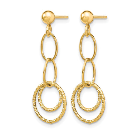10k Yellow Gold Dangle Earrings with Textured Interlocking Circles and Polished Oval Links