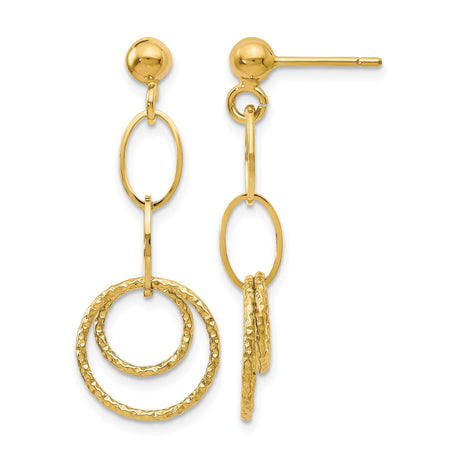 10k Yellow Gold Dangle Earrings with Textured Interlocking Circles and Polished Oval Links