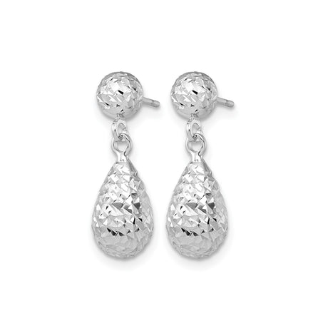 10k White Gold Dangle Earrings with Faceted Teardrop, Diamond Cut Texture, Polished Finish