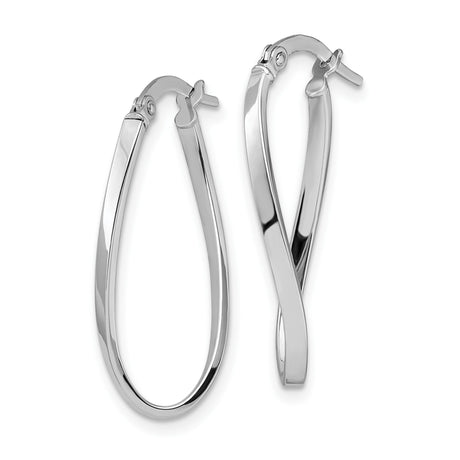 10k White Gold Twisted Oval Hoop Earrings with Hinged Back, Polished Finish, Lightweight Design