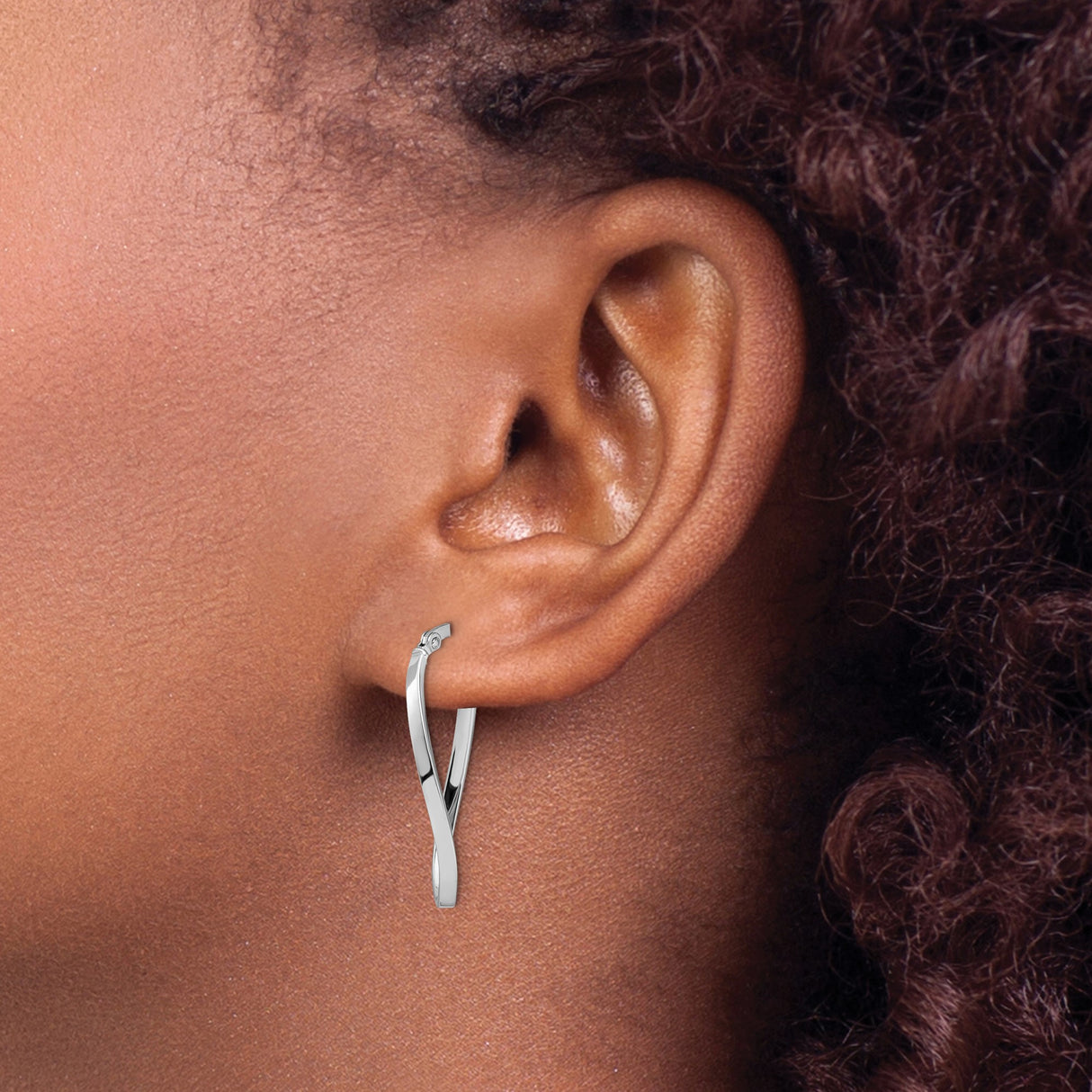 10k White Gold Twisted Oval Hoop Earrings with Hinged Back, Polished Finish, Lightweight Design
