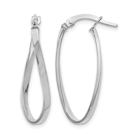 10k White Gold Twisted Oval Hoop Earrings with Hinged Back, Polished Finish, Lightweight Design
