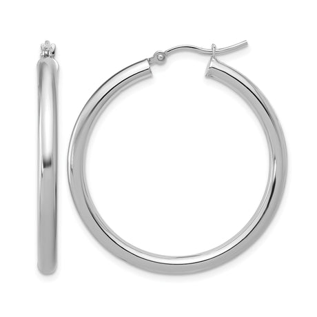 10k White Gold Hoop Earrings, Polished Minimalist Round Design for Women