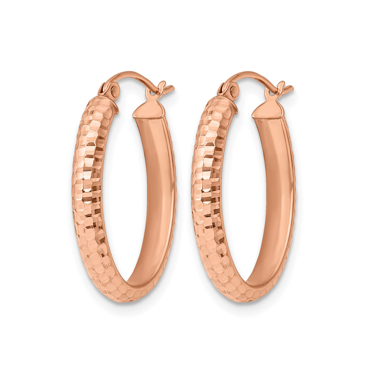 10k Rose Gold Oval Hoop Earrings with Diamond Cut Textured Finish, Lightweight Modern Design