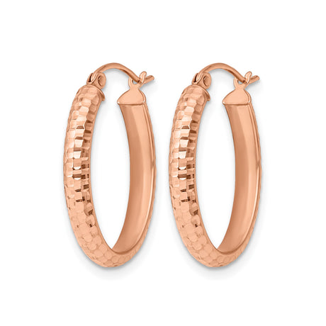 10k Rose Gold Oval Hoop Earrings with Diamond Cut Textured Finish, Lightweight Modern Design