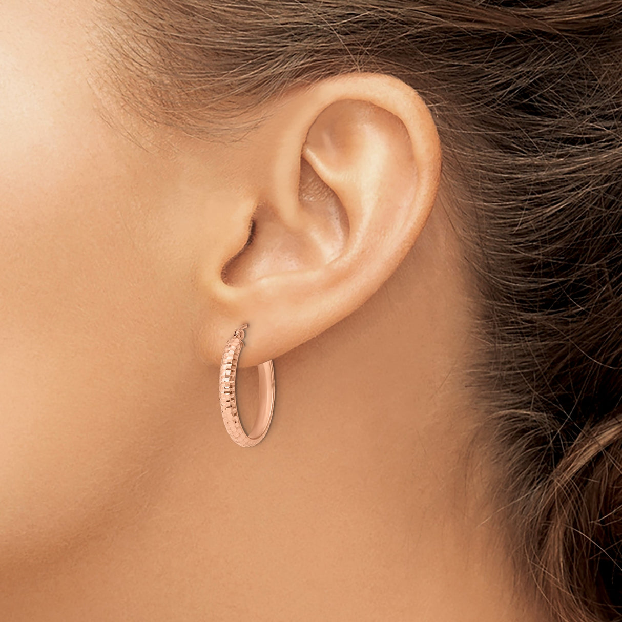 10k Rose Gold Oval Hoop Earrings with Diamond Cut Textured Finish, Lightweight Modern Design