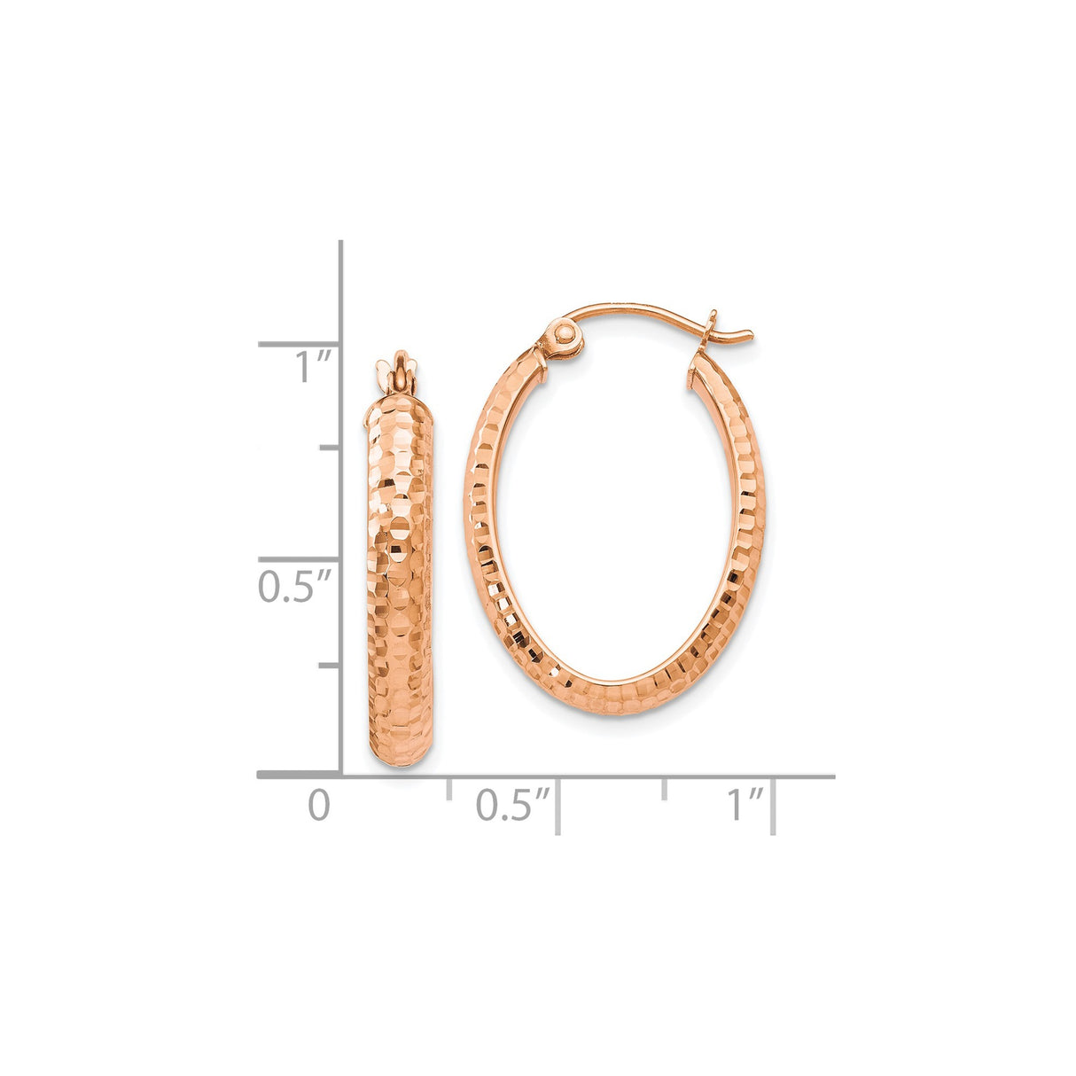 10k Rose Gold Oval Hoop Earrings with Diamond Cut Textured Finish, Lightweight Modern Design