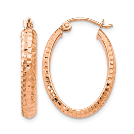 10k Rose Gold Oval Hoop Earrings with Diamond Cut Textured Finish, Lightweight Modern Design