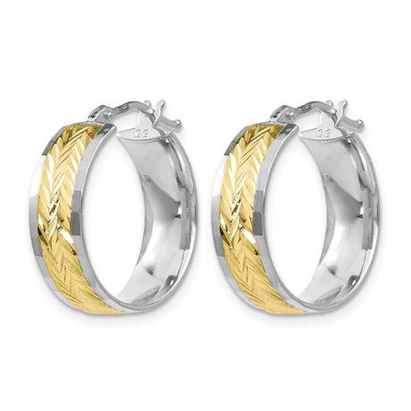 10k Yellow Gold Hoop Earrings with Rhodium Chevron Design, Dual-Tone Modern Style