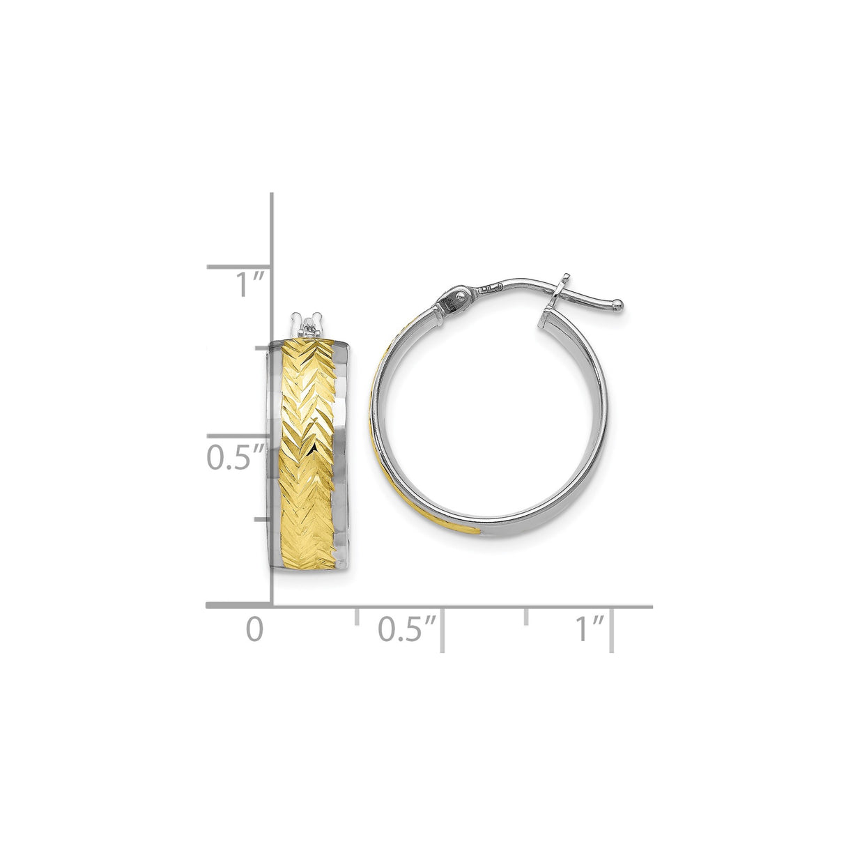 10k Yellow Gold Hoop Earrings with Rhodium Chevron Design, Dual-Tone Modern Style