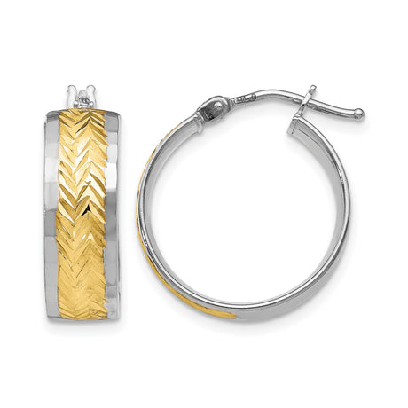 10k Yellow Gold Hoop Earrings with Rhodium Chevron Design, Dual-Tone Modern Style