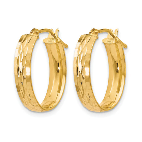 10k Yellow Gold Oval Hoop Earrings, Textured Hammered Finish, Lightweight Hinged Style