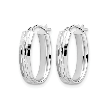 10k Yellow Gold Oval Hoop Earrings, Diamond Cut Textured Design, Rhodium Finish, Hinged Closure