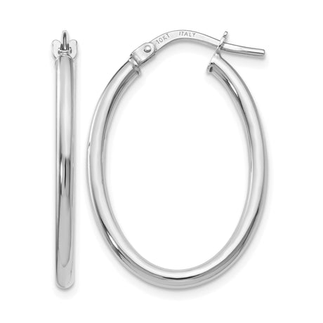 10k White Gold Oval Hoop Earrings, Polished Finish, Hinged Clasp, Lightweight Minimalist Design
