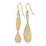10k Two Tone Gold Dangle Earrings with Twisted Teardrop and Filigree Design