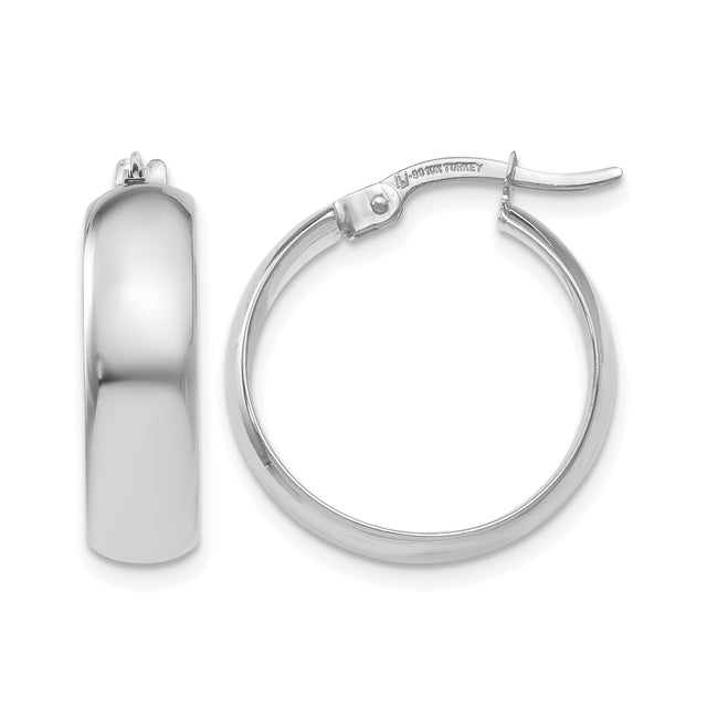 10k White Gold Hoop Earrings, Classic Polished Lightweight Hinged Design for Women