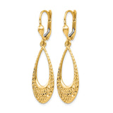 10k Yellow Gold Dangle Earrings, Elongated Teardrop with Diamond Cut Textured Design, Leverback Style